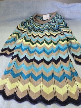 Hanna Andersson Chevron Knit Crew Sweater Dress in Aqua, Teal, Lime & Tan